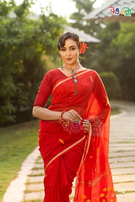 Classic Red Handloom Jamdani Achol Saree